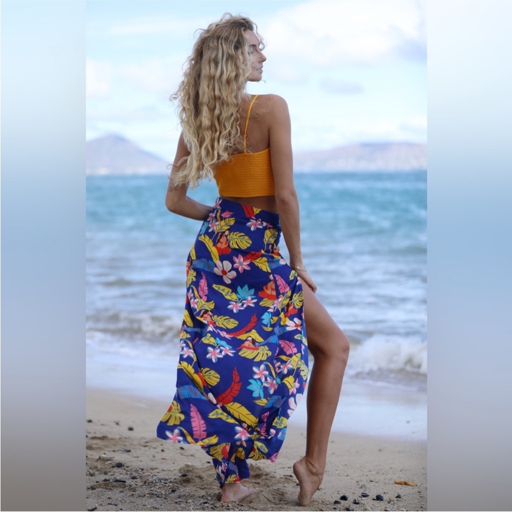 XIX Palms Napili Bay Resort Skirt Maxi Skirt Slit‎ Blue Floral Size 2